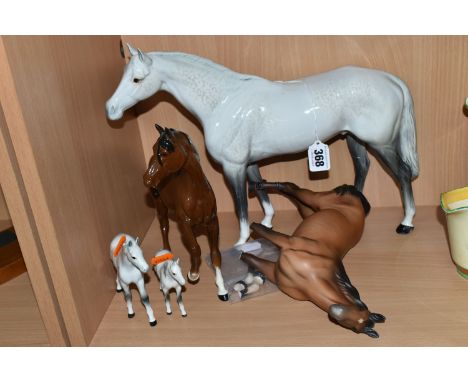 FIVE BESWICK AND ROYAL DOULTON HORSE FIGURES, comprising Beswick Large Racehorse model no 1564 (both rear legs repaired, craz