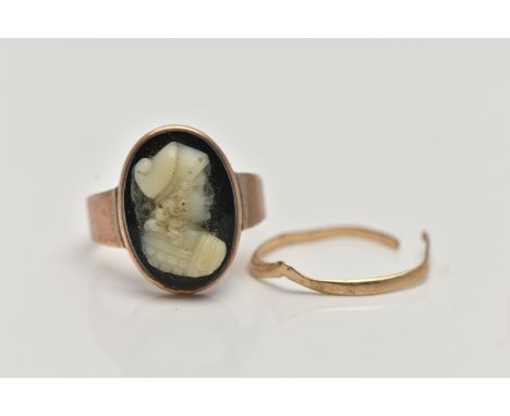 TWO RINGS, the first an AF wishbone ring (damaged with split shank) hallmarked 9ct Birmingham, approximate gross weight 1.4 g