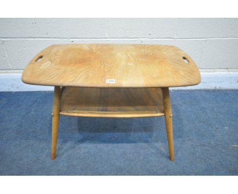 AN ERCOL ELM TRAY COFFEE TABLE, with twin handles, on cylindrical uprights, and undershelf, width 73cm x depth 45cm x height 