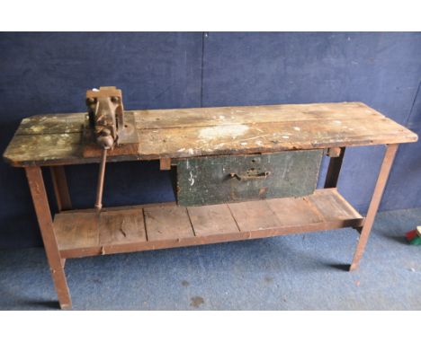 A STEEL FRAMED WORKBENCH with a single draw and Samsonia PERFECT vice No37 model J (some rust)
