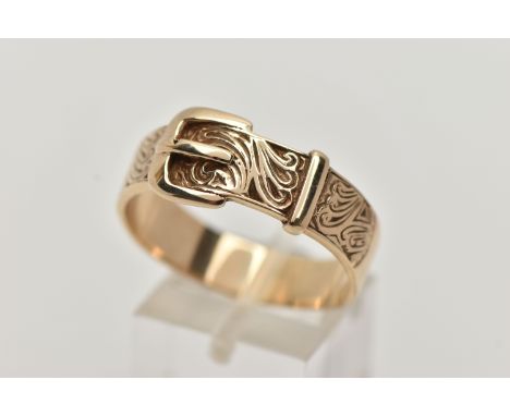 A GENTS 9CT YELLOW GOLD BUCKLE RING, scrolling detail, hallmarked 9ct Birmingham, ring size Z1, approximate gross weight 6.2 