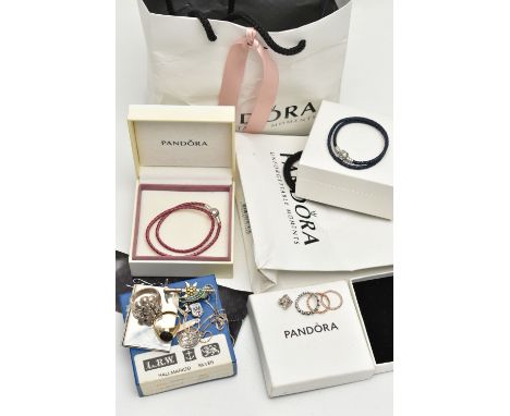 TWO PANDORA BRACELETS AND OTHER ITEMS, to include a boxed pink cord bracelet fitted with a signed 'Pandora ' clasp, a boxed n