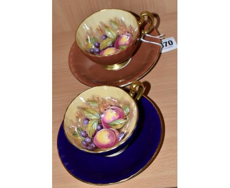 TWO AYNSLEY ORCHARD GOLD TEACUPS AND SAUCERS, each teacup having interior Orchard Gold pattern decoration with printed signat