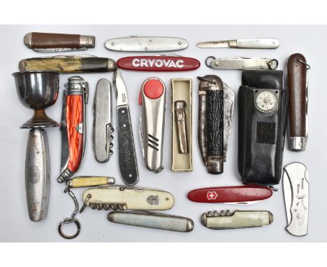 A TIN OF POCKET KNIVES, to include a small silver bladed fruit knife with a mother of pearl handle, hallmarked Sheffield, tog