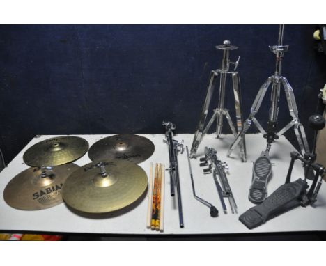 A SELECTION OF DRUM STANDS/HARDWARE to include Ludwig hi-hat stand, Stagg drum stool, Sabian 14in hi hat cymbals, Paiste 14in