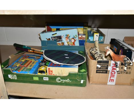 THREE BOXES OF TOYS AND GAMES ETC, to include a Steiff Okapi, a wooden battleship, boxed magnetic blocks, jigsaw puzzles, sma