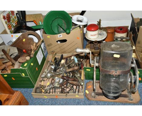 FIVE BOXES OF EARLY TO MID TWENTIETH CENTURY KITCHENALIA, to include a quantity of wooden rolling pins, ladles, spoons, short
