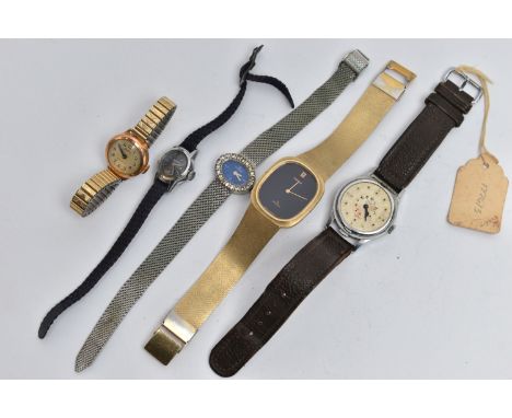 AN ASSORTMENT OF FIVE WATCHES, to include a ladys 'Orfina' cocktail wrist watch, a ladys 'Bentima' wrist watch, a ladys 'Jaqu