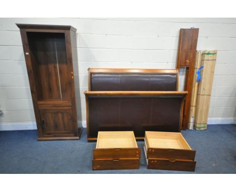 A HARDWOOD AND BROWN LEATHER 5FT SLEIGH BEDSTEAD, with side rails with four drawers, and pine slats, along with a modern open