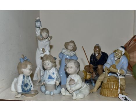 A GROUP OF NAO LLADRO FIGURES, comprising 1075 'Soup Time', 1076 'Not Hungry', 1073 'Bedtime Snack' (cracked left arm), 'Who 