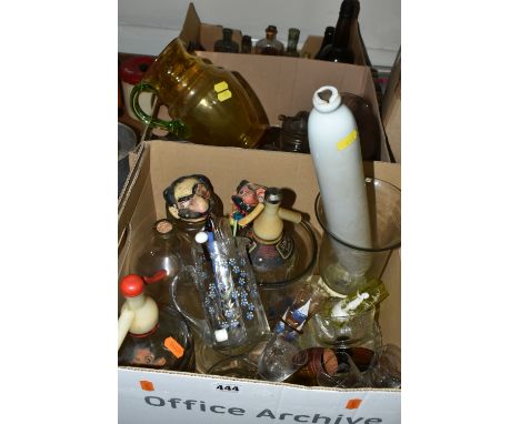 THREE BOXES OF ASSORTED GLASSWARE, to include a Victorian milk glass rolling pin, a small yellow glass Mary Gregory bud vase,