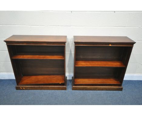 A PAIR OF MAHOGANY OPEN BOOKCASES, with adjustable shelves, width 90cm x depth 30cm x height 90cm (condition:-surface scratch