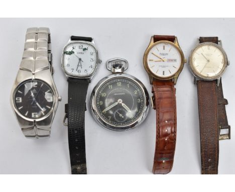 FOUR GENTS WRISTWATCHES AND A POCKET WATCH, to include a manual wind, 'Wostock' watch fitted with a worn brown strap, a 'Seko