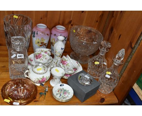 A GROUP OF GLASSWARE AND CERAMICS, comprising a pair of opaline glass vases hand painted with brambles and flowers, a Staffor