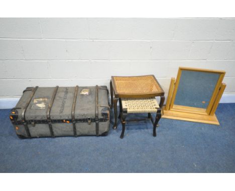 A WILLIS AND GAMBIER LIGHT OAK SWING MIRROR, along with a rush seat dressing stool, a cane seated stool, and a vintage travel
