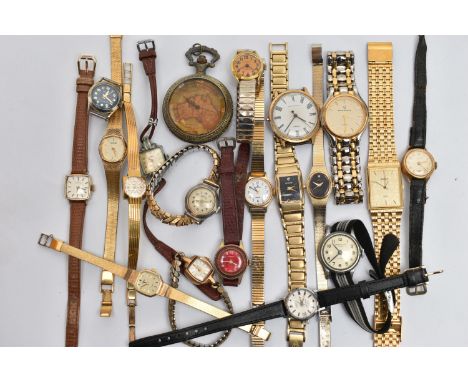 A SMALL BOX OF WRISTWATCHES, to include a few early and mid 20th century examples, also including Sekonda, Timex, Lorus, Accu