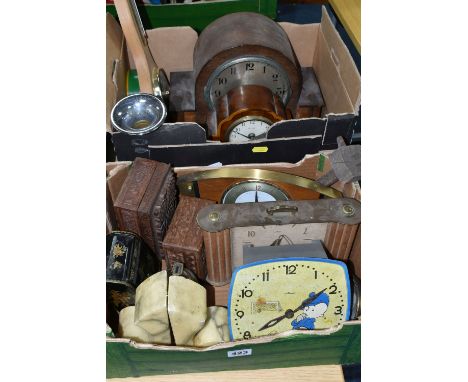 TWO BOXES OF CLOCKS, WOODEN BOXES AND MISCELLANEOUS ITEMS, to include a Soviet Russian child's 'The Little Footballer' wall c