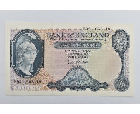 HELMETED (B) BRITANNIA ISSUE FIVE POUND BANK OF ENGLAND CRISP UNC H92  063118 L K O'BRIEN