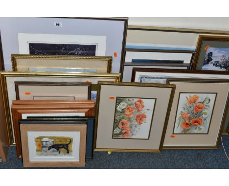 A SMALL QUANTITY OF PAINTINGS AND PRINTS ETC, to include two watercolours depicting wild poppies and daisies signed W. A. Tai