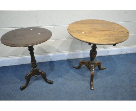 A GEORGIAN OAK AND WALNUT CIRCULAR TILT TOP TRIPOD TABLE, diameter 68cm x height 70cm, and a late Victorian mahogany circular