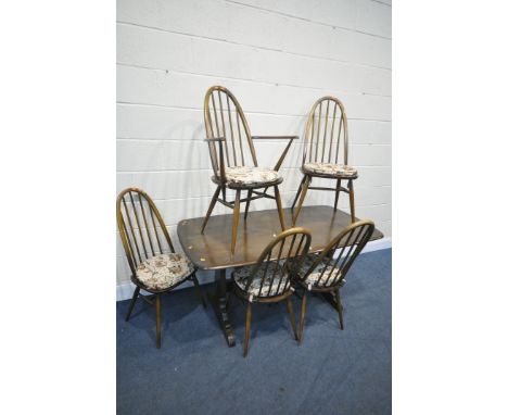 A MID CENTURY ERCOL MODEL 756, Elm trestle dining table, width x 153cm x depth 77cm x height 72cm, and five quaker back chair