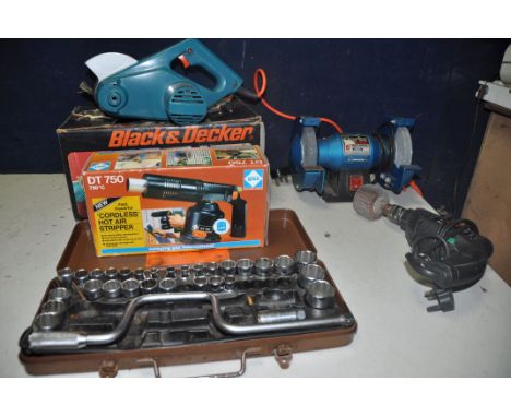A CLARKE CBG6RP BENCH GRINDER along with a Black and Decker work wheel model No UNKNOWN, Skil 6010 drill (all PAT pass and wo