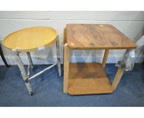 AN ERCOL ASH CIRCULAR LAMP TABLE, diameter 45cm x height 55cm (condition:-the supports and stretchers covered in newspaper) a