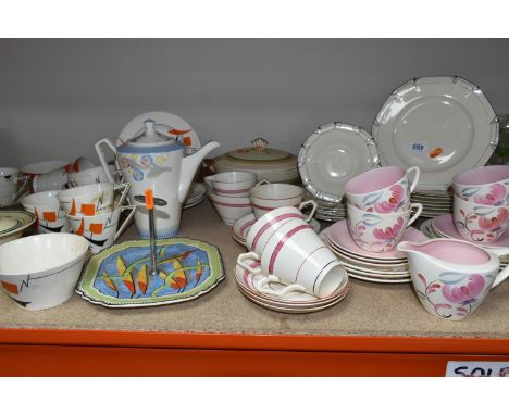 A COLLECTION OF ART DECO TEA AND DINNER WARES, to include a seventeen piece Crown Devon part tea set painted with pink and pu