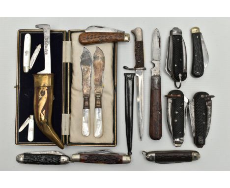 A BOX OF POCKET AND OTHER KNIVES, including two mother of pearl folding fruit knives with silver blades, Birmingham 1911 and 