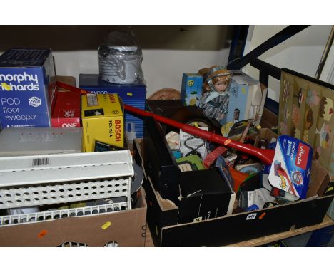 THREE BOXES OF MISCELLANEOUS SUNDRIES, to include clocks, novelty teapots, a boxed Morphy Richards Pod floor sweeper, a boxed