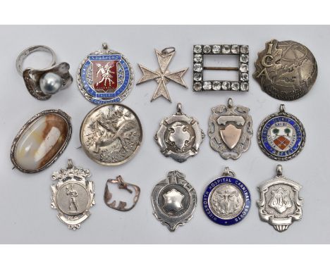 A BAG OF ASSORTED WHITE METAL JEWELLERY, to include seven silver fob medals, three have enamel, all with full silver hallmark