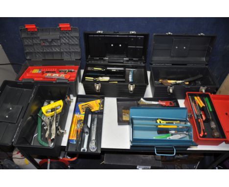 A COLLECTION OF SIX TOOLBOXES AND HANDTOOLS to include a selection of tools such as, screwdrivers, hammers, mallets, axes, st