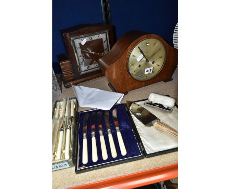 TWO MANTEL CLOCKS, CUTLERY AND A STICK PIN, comprising two twentieth century Smiths wooden cased mantel clocks, a cased rolle