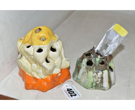 TWO CLARICE CLIFF FLORAL FROGS, of naturalistic form, the larger 'Fantasque' frog having yellow and orange banding approximat