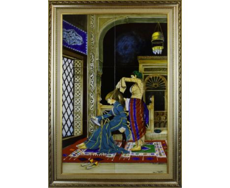 This painting is of two women doing each others hair, after Osman Hamdis Tuvalet. It is painted on six glazed ceramic tiles.T