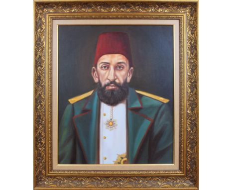 This oil on canvas painting is a 20th century portrait of Sultan Abdulhamid II. Dimensions: 80 by 70cm with frame and 59 by 4