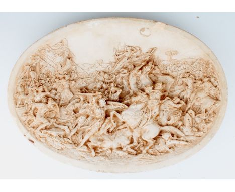 A relief sculpture of a battlefield. An intricate work of art made in (probably) limestone. It is from the 19/20th century.Th