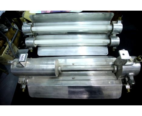 A pair of mid 20th century Daeyang explosion proof chrome and brass hanging lamp submarine galley lamps, each L: 72 cm. This 