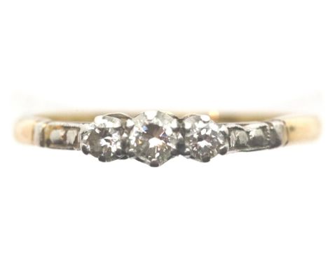 Antique presumed 18ct gold three stone diamond ring, size P, 2.8g. P&amp;P Group 1 (£14+VAT for the first lot and £1+VAT for 