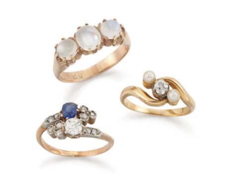 A group of three rings, comprising: an early 20th century three stone moonstone ring, stamped 9ct, ring size M; a sapphire an