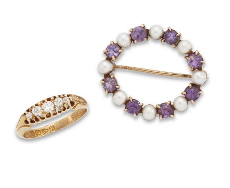 An 18ct gold diamond ring and an amethyst and pearl brooch, the ring with a row of five graduated brilliant cut and old cut d