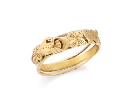 A 19th century gold fede gimmel ring, composed of three hoops bound at the base (requires repair) forming a bezel of two clas