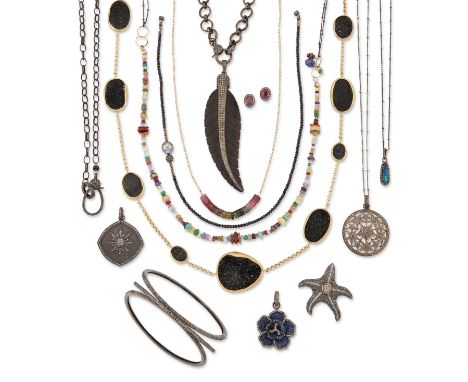 A collection of silver jewellery,&nbsp;including: a silver gilt druzy necklace by Annoushka, with maker's pouch; an openwork 