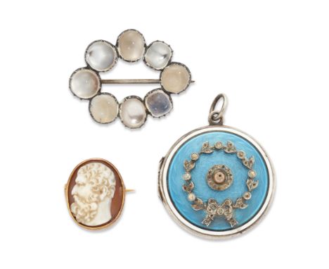 A small group of jewellery,&nbsp;comprising: a 19th century moonstone hoop brooch, width 3.1cm; a gold mounted shell cameo br