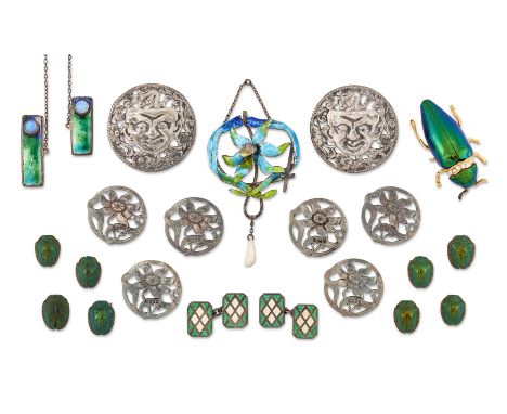 A group of jewellery, comprising: an Art Nouveau silver, opal and enamel pair of brooches, in fitted case; an Art Nouveau met