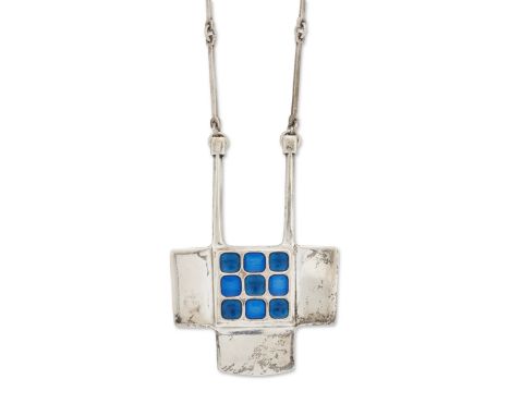 David Andersen. An enamel pendant, by Bjørn Sigurd Østern for David Andersen, the pendant with blue enamel chequerboard desig