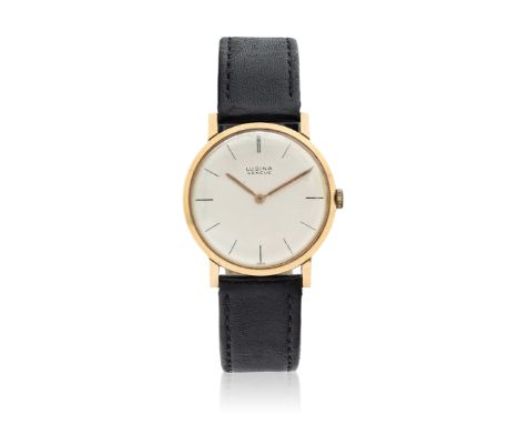 Lusina Geneve. An 18ct gold manual wind wristwatch Circa 1960 21 jewel manual wind movement, silvered dial with printed hour 