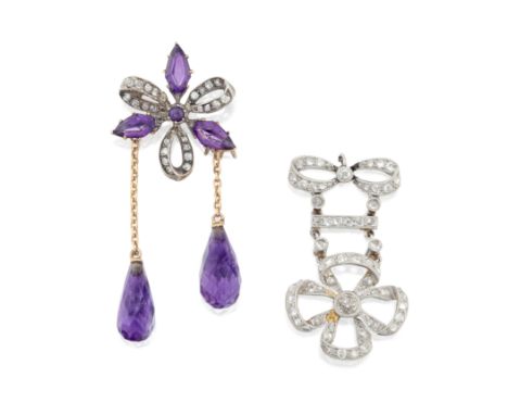 An Edwardian amethyst and diamond brooch, and a diamond component, the brooch in the form of a marquise-cut amethyst and old-