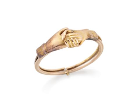 A 19th century 15ct gold fede gimmel ring, composed of two hoops bound at the base (requires repair) each with an applied han