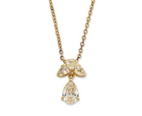 A diamond pendant necklace, composed of a single pear-cut diamond drop weighing 0.87 carats, to a fine fancy link neckchain w